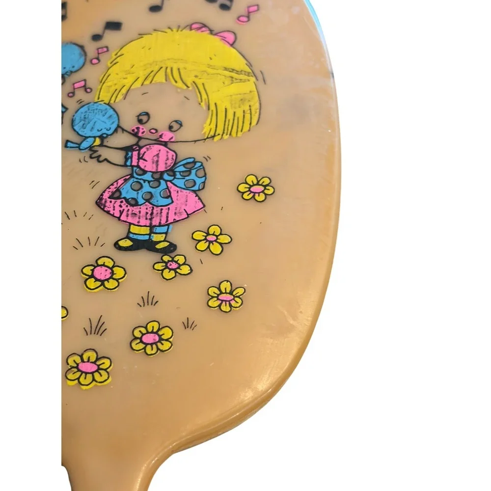 Vintage Retro Girl Birdhouse Flowers Hand Mirror Tan Plastic Kitschy 1970s Style